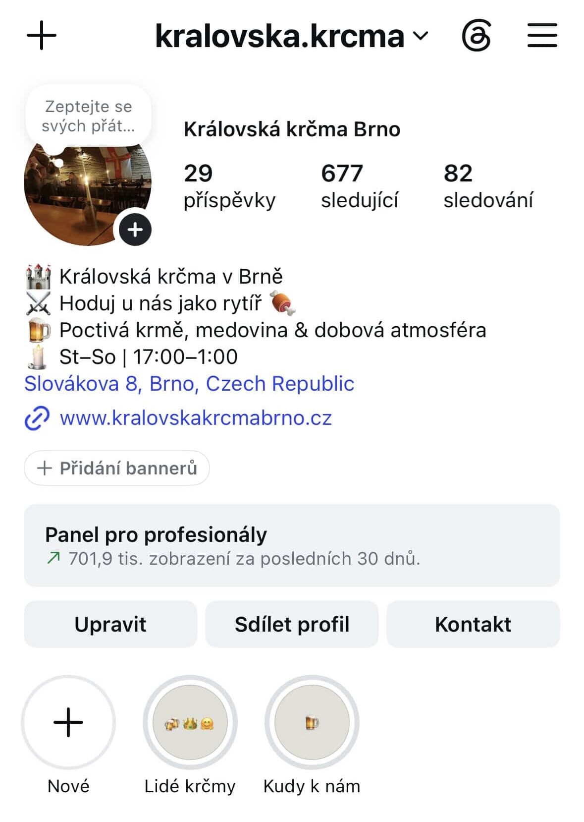 Screenshot profilu Královská krčma — 3. měsíc