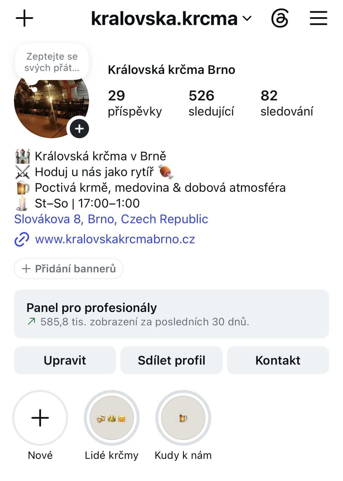 Screenshot profilu Královská krčma — 1. měsíc